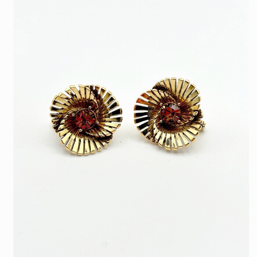 Vintage Monet Clip On Earrings Gold Tone Rhinestone Ribbed Swirl Sunburst
